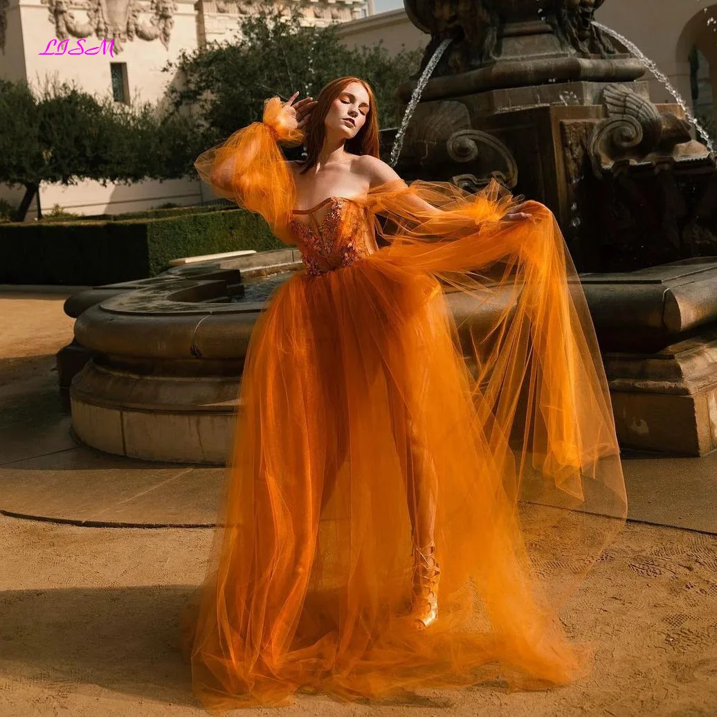 

Burnt Orange Elegant Tulle Prom Dresses Off the Shoulder Corset Sexy See Thru Evening Gowns Long Sheer Photo Shoots Dress Custom