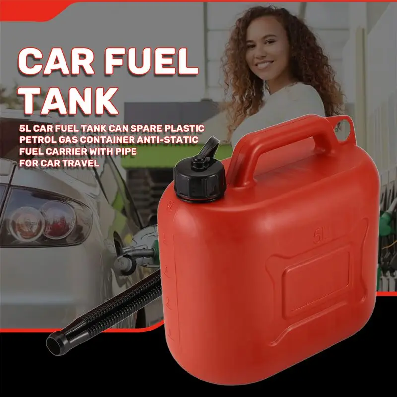 5L Car Fuel Tank Can Spare Plastic Petrol Gas Container Anti-Static Fuel Carrier with Pipe for Car Travel-A25R