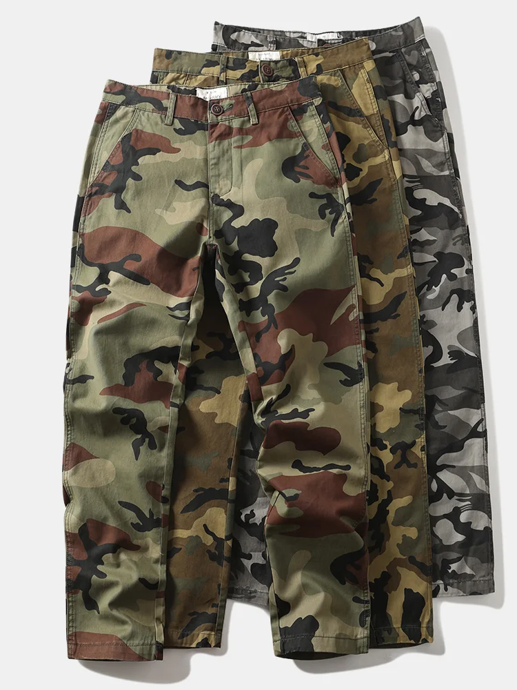 

American Retro Camouflage Work Pants Men's Straight Leg Slim Fit Heavy Du Outdoor Casual Long Trousers Military Large Size