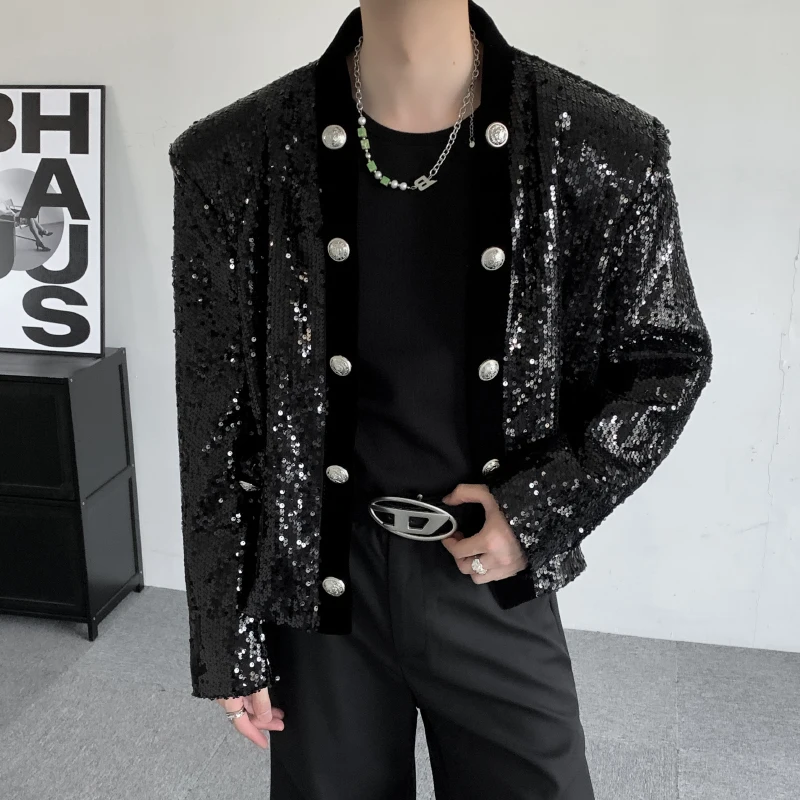 2025 Stage Performance Concert Short Cardigan Men's Sequined Suit Jacket Trendy Double Breasted Party Banquet Streetwear Jackets