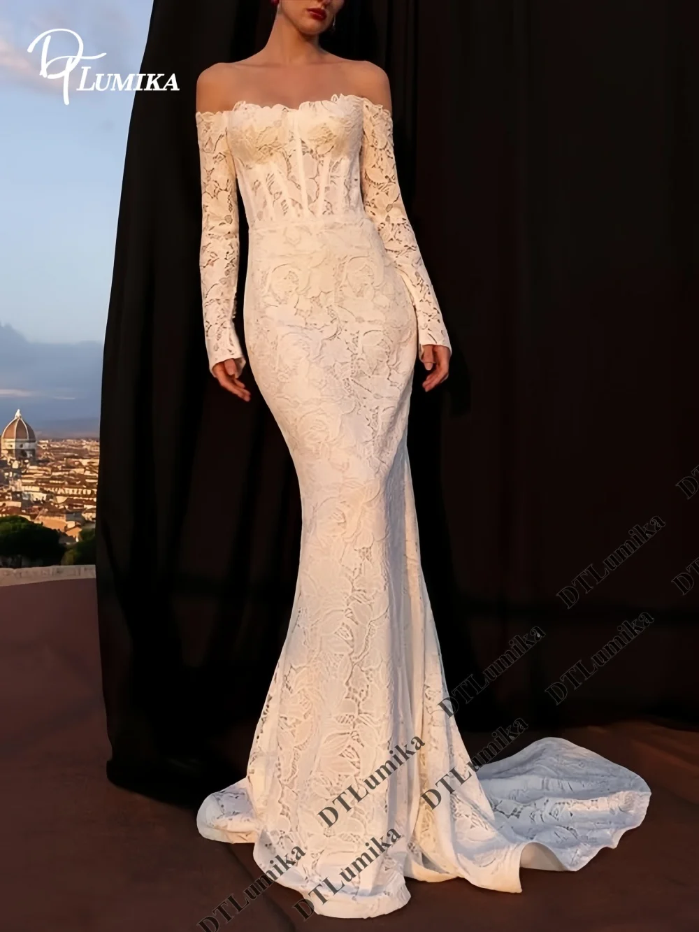 Off Shoulder Wedding Dress Bridal Gown Lace Mermaid Long Sleeves Customized Destination Wedding Sweep Train Elegant Bride Dress