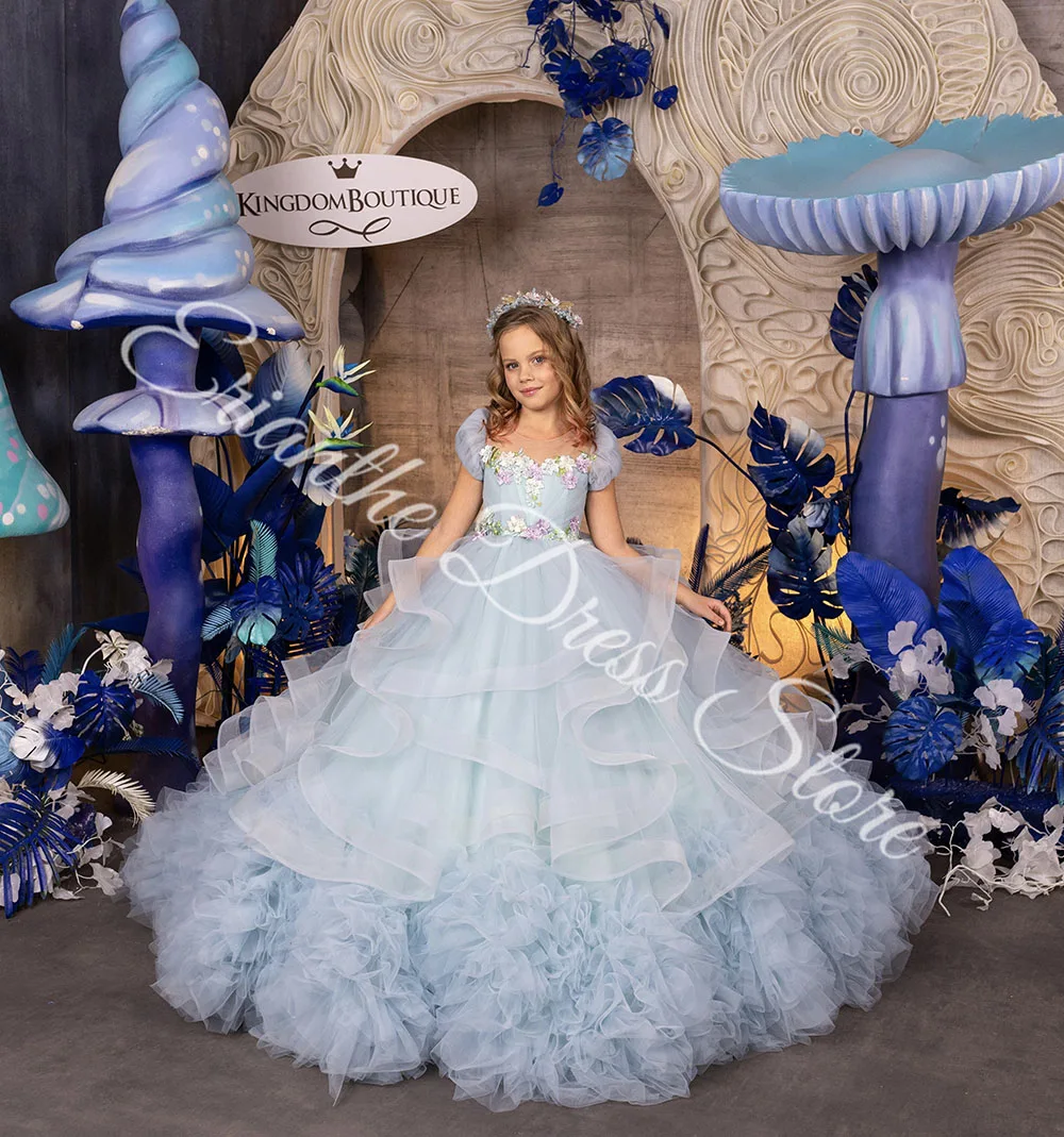 Robe de demoiselle d'honneur pour mariage, bleu clair, en Tulle, bouffante, avec des appliques superposées, pour fête d'anniversaire pour enfants, robes de bal de première Communion personnalisées