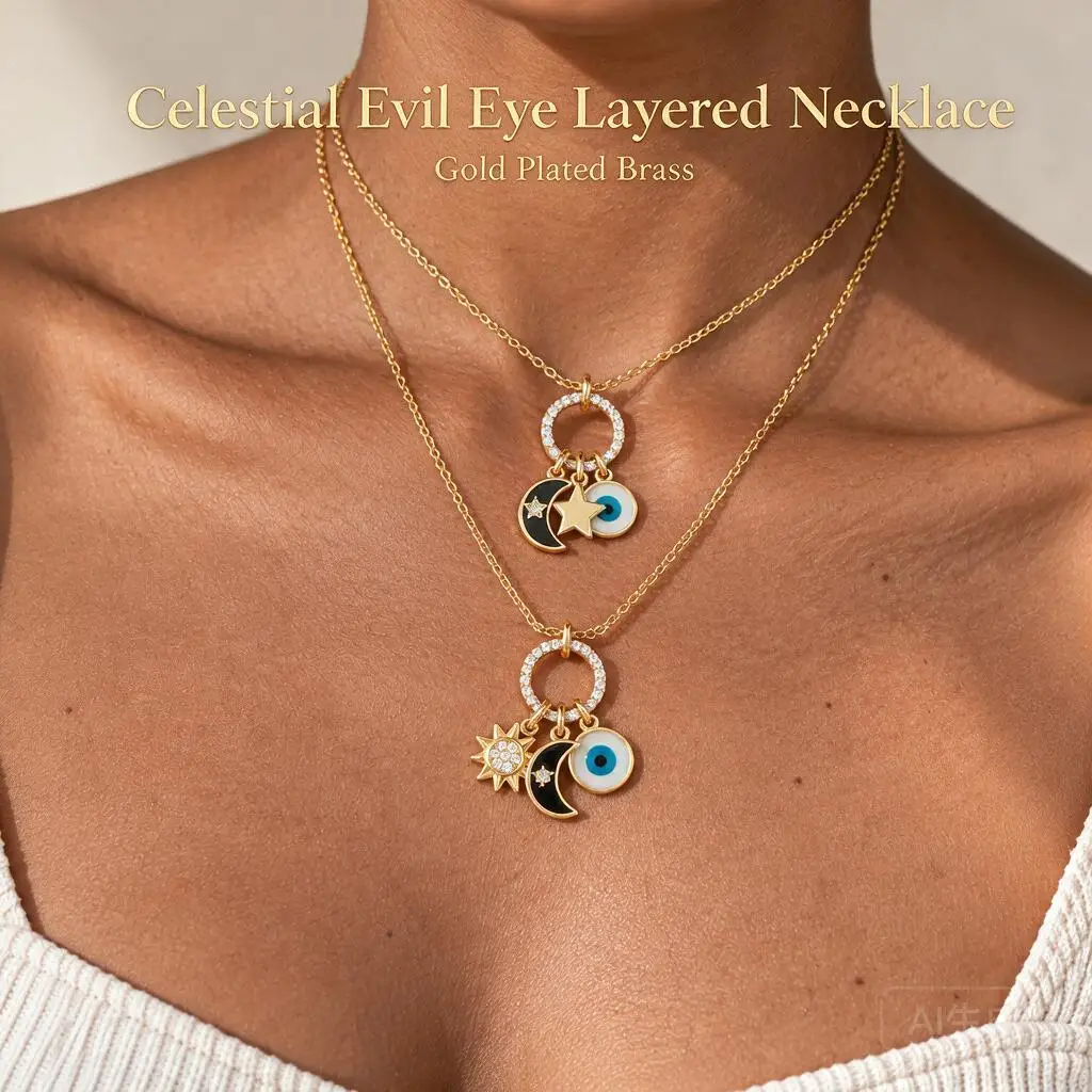 Luxury Gold Plated Brass Evil Eye Necklace Pave Crystal Circle Pendant Moon Star Sun Charms Dainty Collar Bone Chain For Women