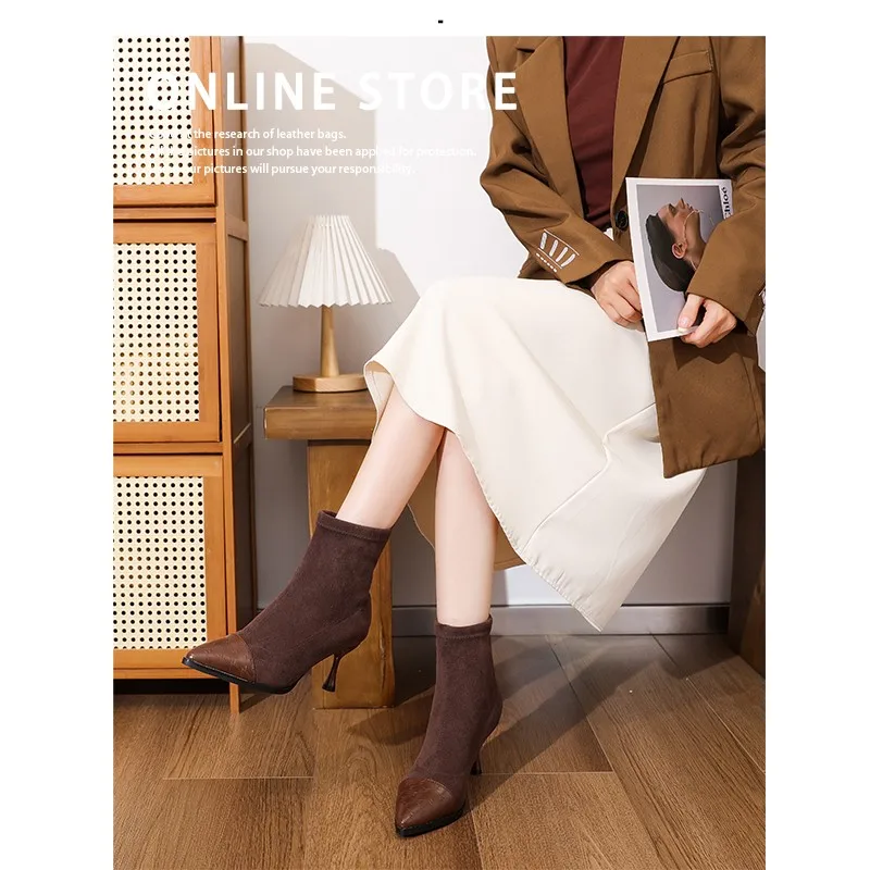 النمط الجديد من حذاء الكاحل ذو الكعب العالي الأنيق والأنيق بمقدمة مدببة من جلد الغزال بكعب رفيع يجعلك تبدو أنحفًا #1