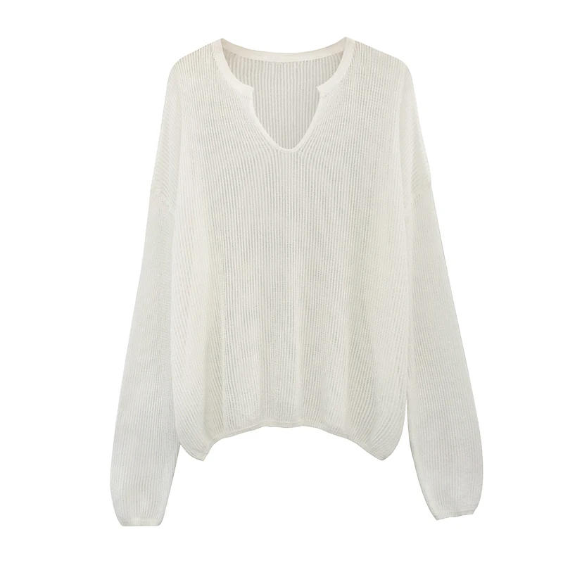 Women Hollow Out Loose Sweater Autumn V-Neck Knitted Pullovers See Through Oversize Tops Y2K Lazy Style Long Sleeve Tops