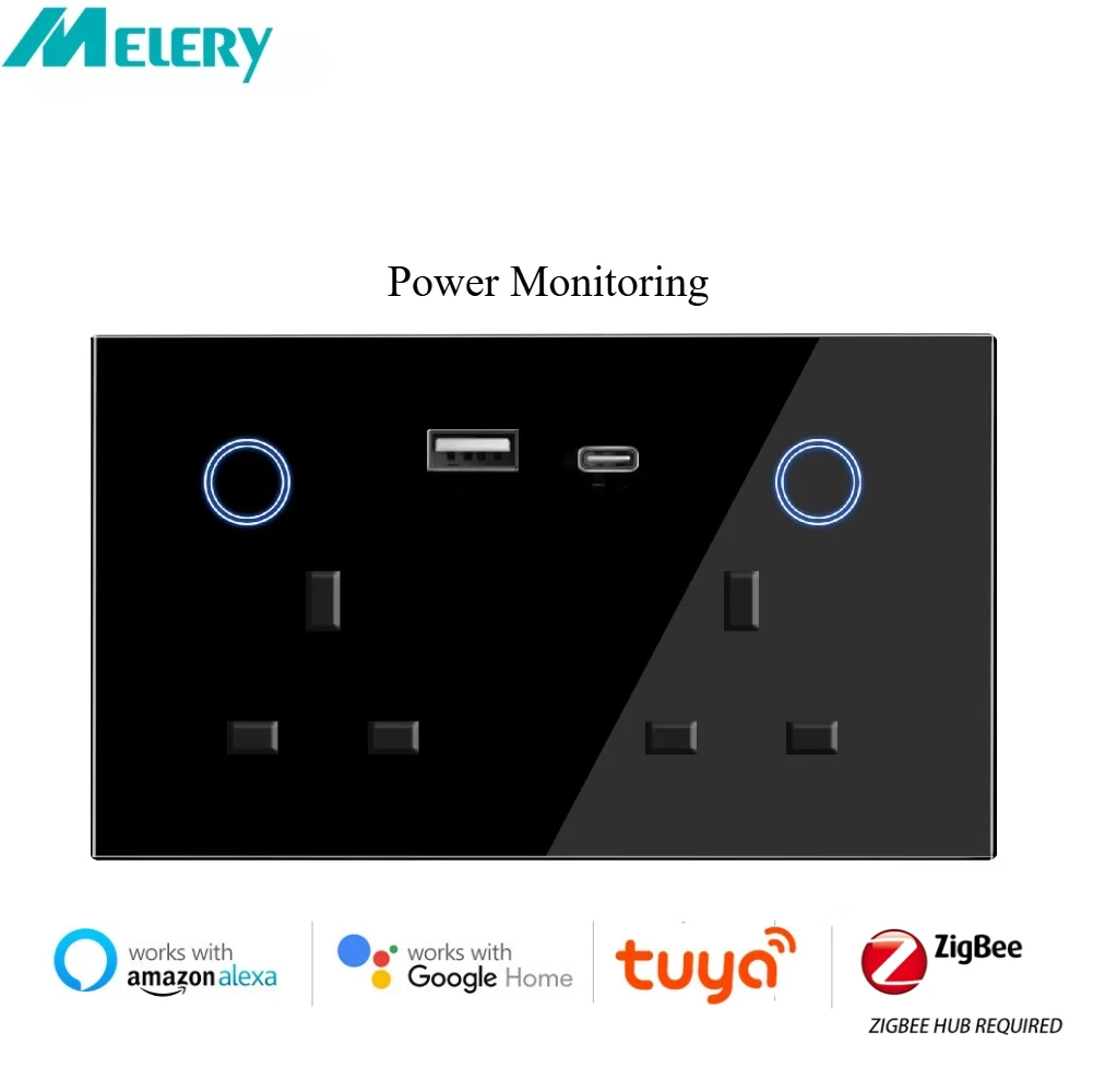 Melery PD 20W Type-c USB UK Zigbee Smart Wall Socket Touch Switch Plug Outlet Power Monitoring Remote by Tuya Alexa Google Home