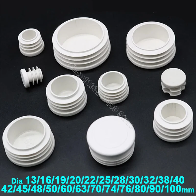 White Round Plastic Blanking End Cap Steel Tube Pipe Insert Plugs Bung Stopper For Table Chair Leg 13 16 19 20 22 25 28 30-100mm