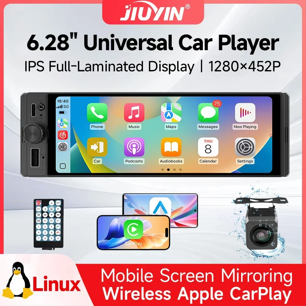 JIUYIN 6.28'' 1Din Car Radio Multimedia Player MP5 FM Radio Wireless Carplay Android Auto Universal Car Stereo HD Touch Screen