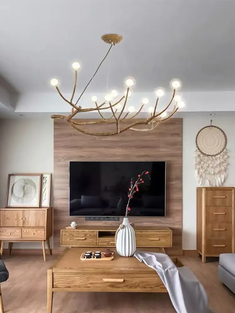 

Nordic Retro Zen LED Pendant Lights Resin Iron Tree Branch Glass Bubble Art Lamp for Living Room Home Decoration Chandeliers