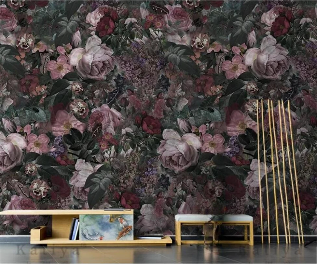 Vintage American hand-painted flower plant wallpaper living room TV custom background wall decoration self-adhesive canvas mural