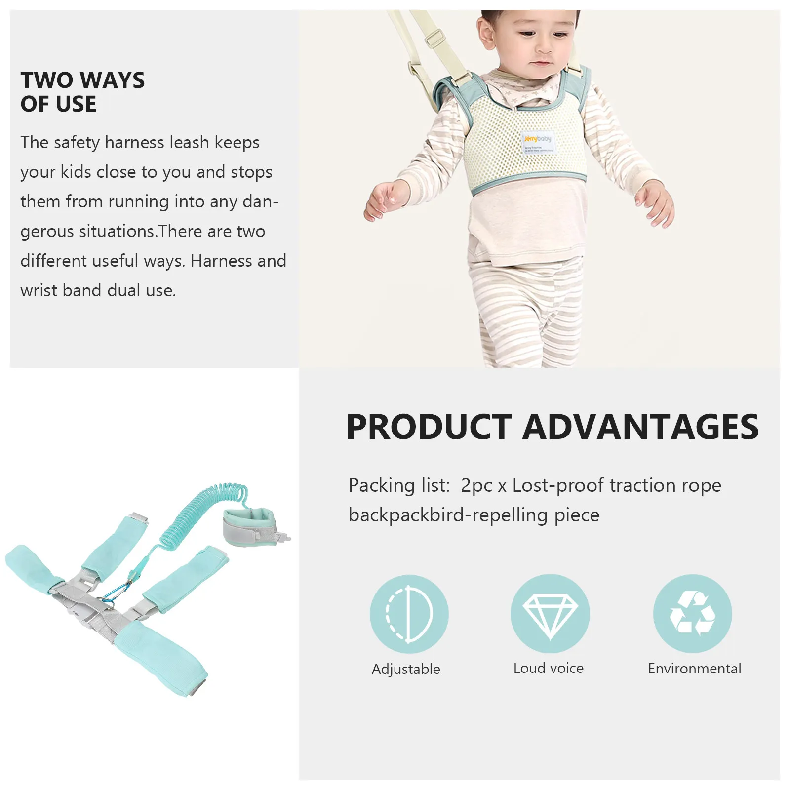 2Pcs Anti Lost Safety Harness Straps Sky-Blue Child Leash Wrist Link Traction Rope for Toddlers Outdoor Safety - view 6