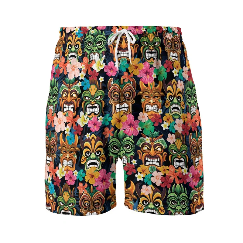 3D Print Ethnic Mask Short Pants For Men Tribal Flower Leaves Pattern Beach Shorts Fashion Casual Vacation Hawaiian Swim Trunks