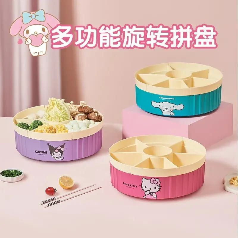 

Sanrio Kawaii Hello Kitty Rotating Hot Pot Side Plate Kuromi Cinnamoroll Anime Cartoon Household Compartmented Food Storage Tray