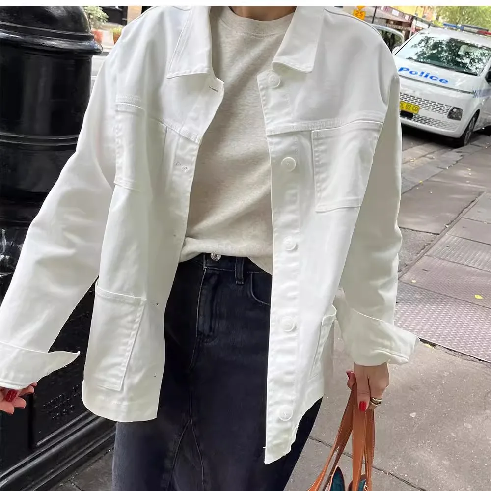 Casual Workwear Style Shirt Jacket Women's Small Size Loose Wash Cotton Denim Collar Stand up Jacket Long Sleeve Pure Color