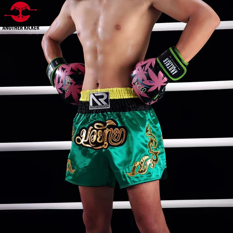 Men's Muay Thai Shorts Women Child Boxing Pants Green Grappling Martial Arts MMA Training Clothing Satin Fight Kickboxing Short