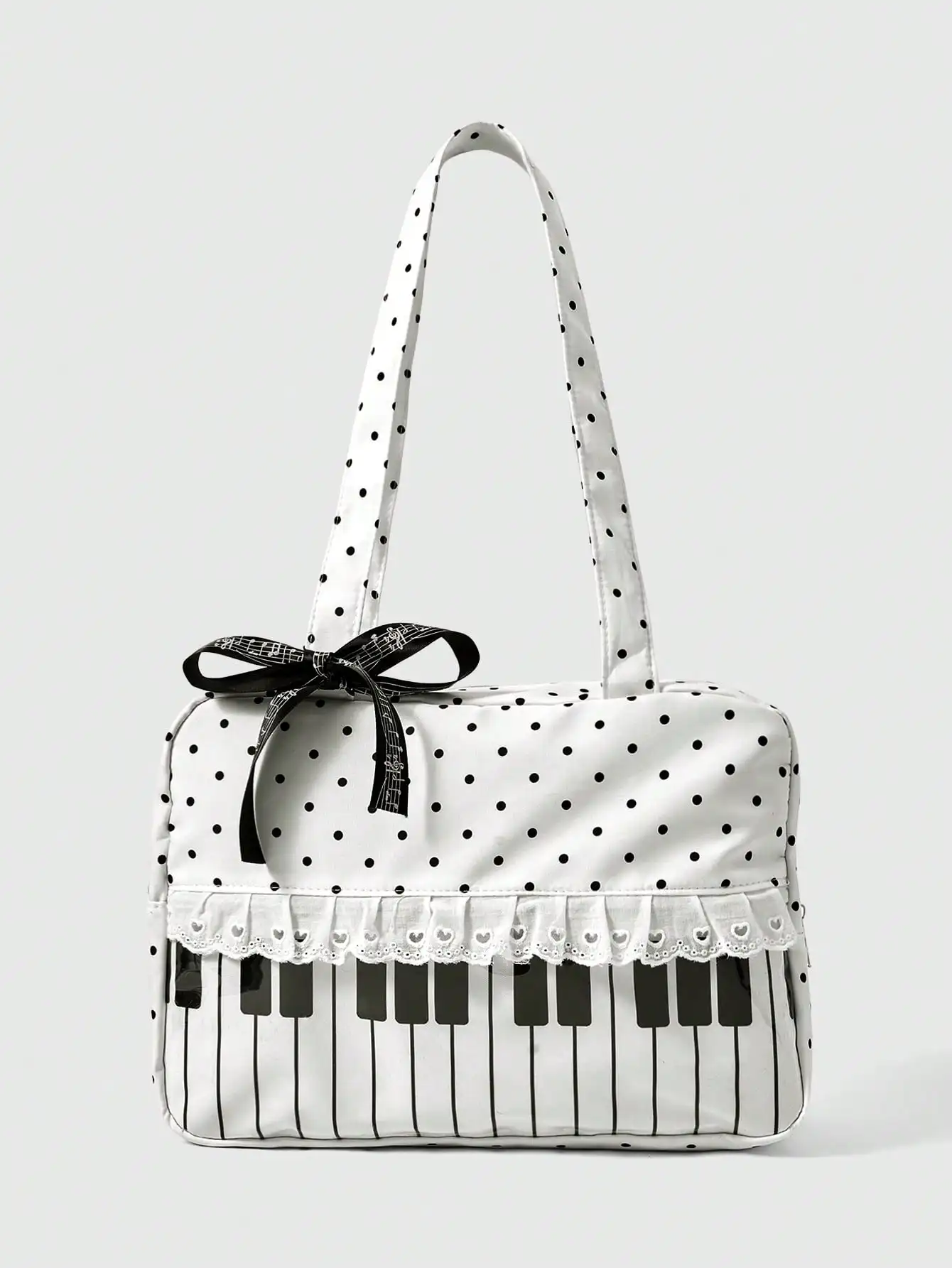 

Anime 1pc Cute Sweet Bow Heart Lace Patchwork Polka Dot Pop Art Women Tote Bag, 2nd Gen Snack Quantity Music Note Music Festival Transparent Layer Badge Doll Display Shoulder Bag, Suitable For Shopping, Campus