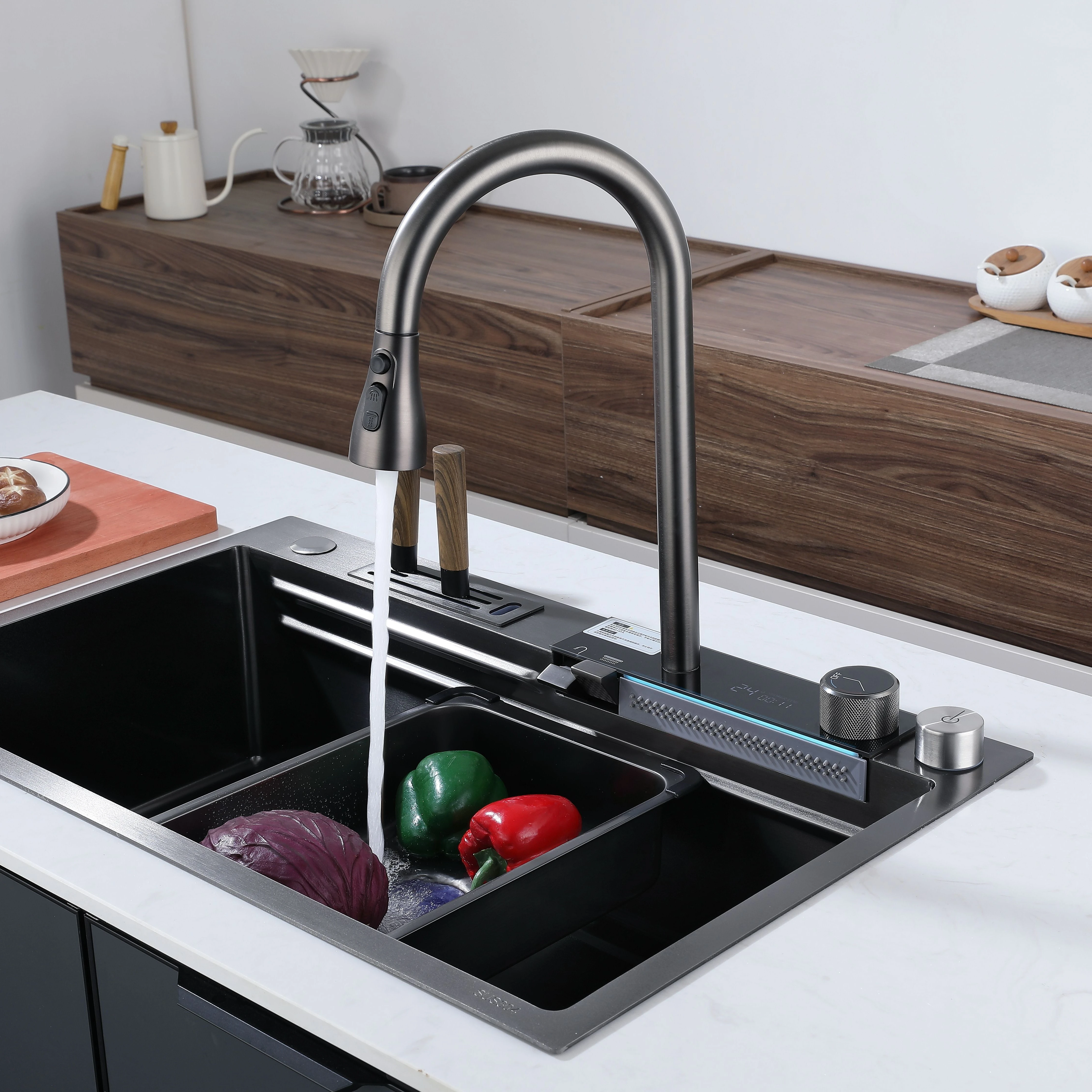 ZC1-Hot Selling 304 Stainless Steel Single Bowl Kitchen Sink Faucet Pull Out Waterfall Kitchen Sink Faucet