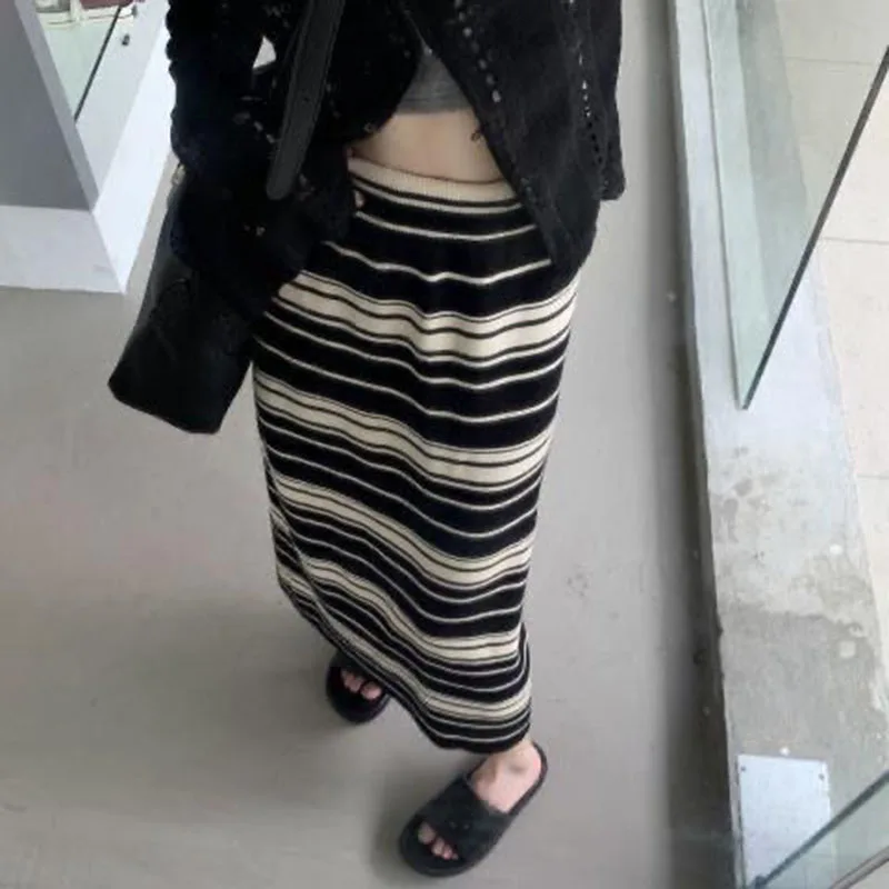 Fashion Knitted Striped A-line Skirts Female High Waisted Slimming Maxi Skirt Women Korean Streetwear Y2k Contrast Midi Skirts