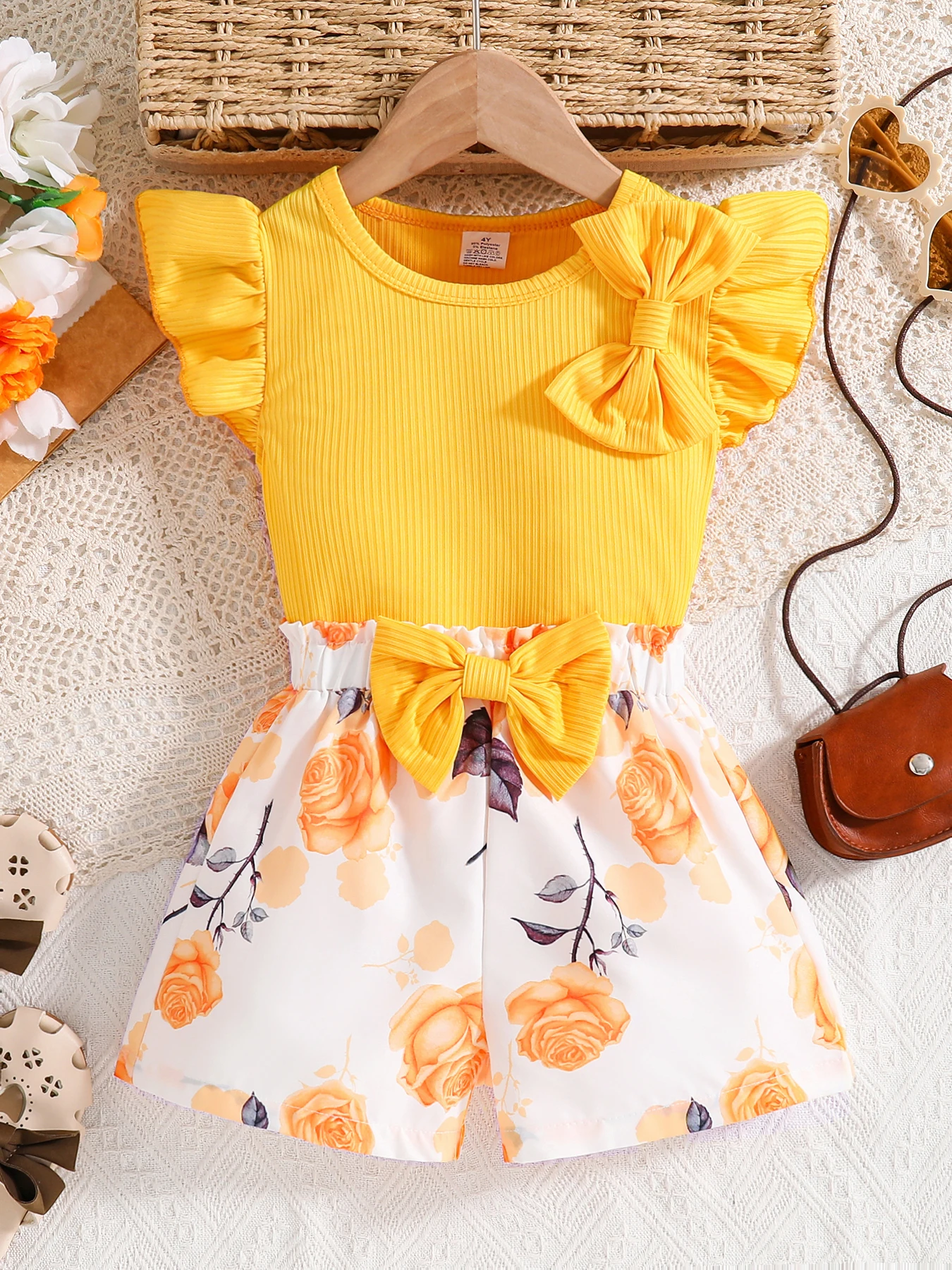 2025 Fashion Girl Summer solid color breathable, wear-resistant and washable knitted top with flower print pattern dress