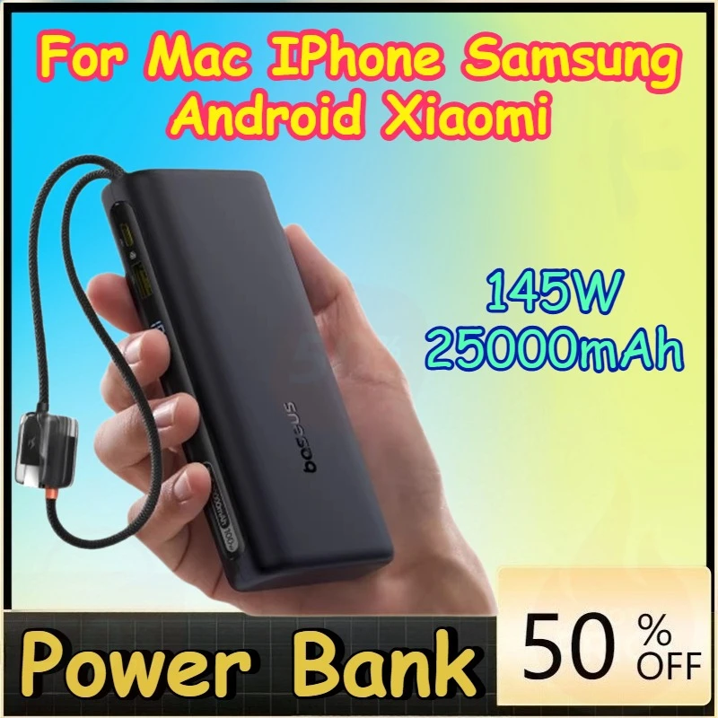 

25000mAh 145W Power Bank Fast Charge Digital Display for Mac IPhone Samsung Android Phone Xiaomi Built-In Dual USB-C Cable