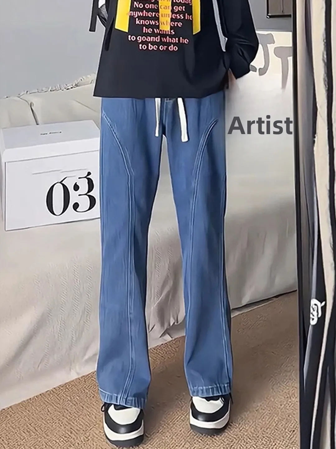 

Синие повседневные мужские рабочие джинсы с косым кроем, прямые брюки с эффектом похудения, осенние американские повседневные широкие брюки в стиле кэжуал