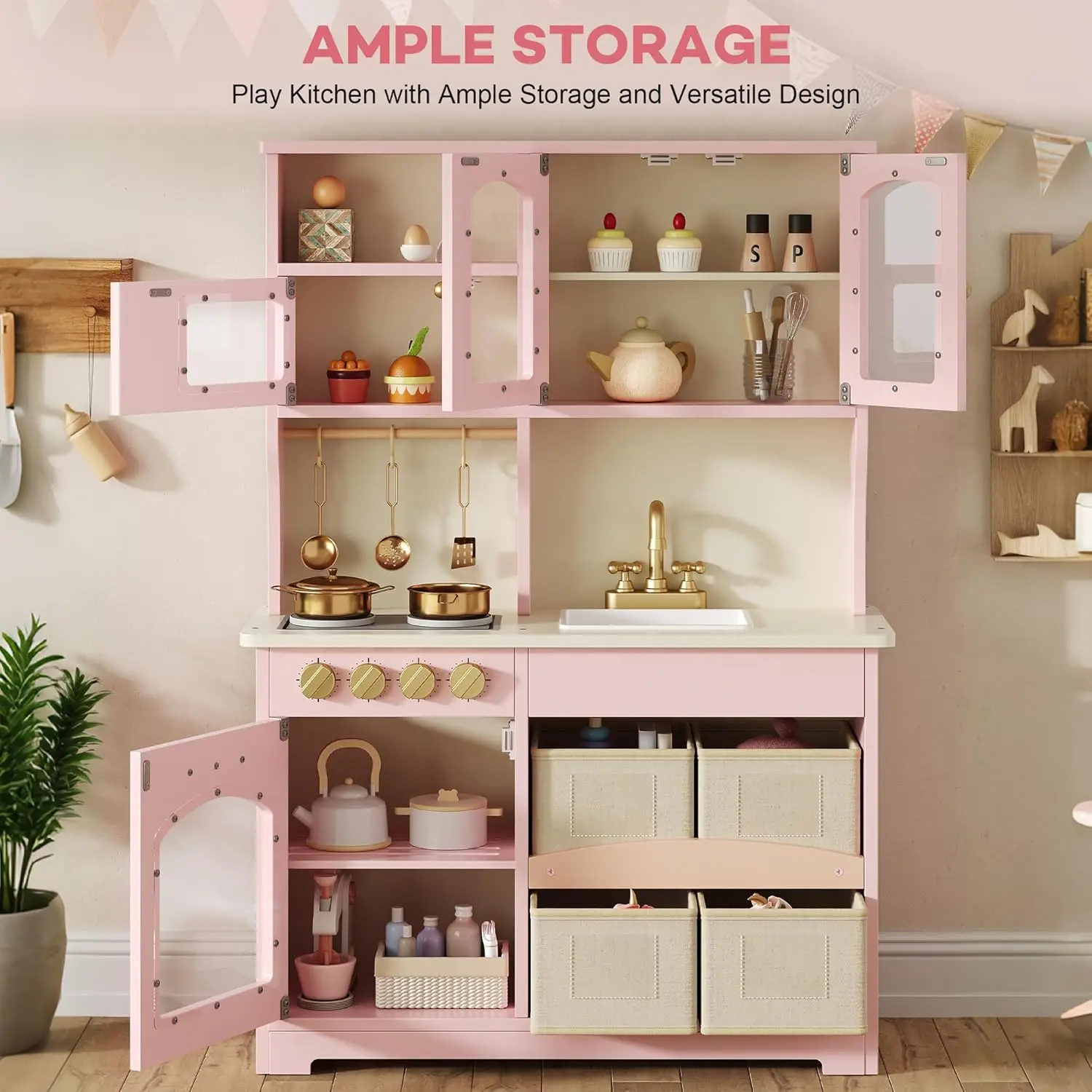 Pink Wooden Toddler Kitchen Playset – Pretend Stove & Oven with Smart Storage and Accessories, Ideal Gift for Ages 3+ image 7