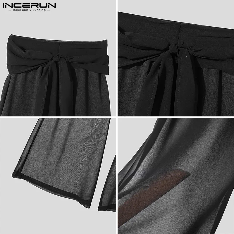 INCERUN celana panjang kasual pria, 2024 pita celana panjang sambungan jala, celana panjang kaki lebar sederhana tembus pandang untuk pria