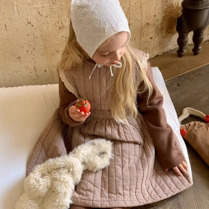 

Girls' Lace Trim Sleeve Quilted Cotton Thickened Dress Autumn Winter Toddler Vest Dress Baby Stylish Princess Dress