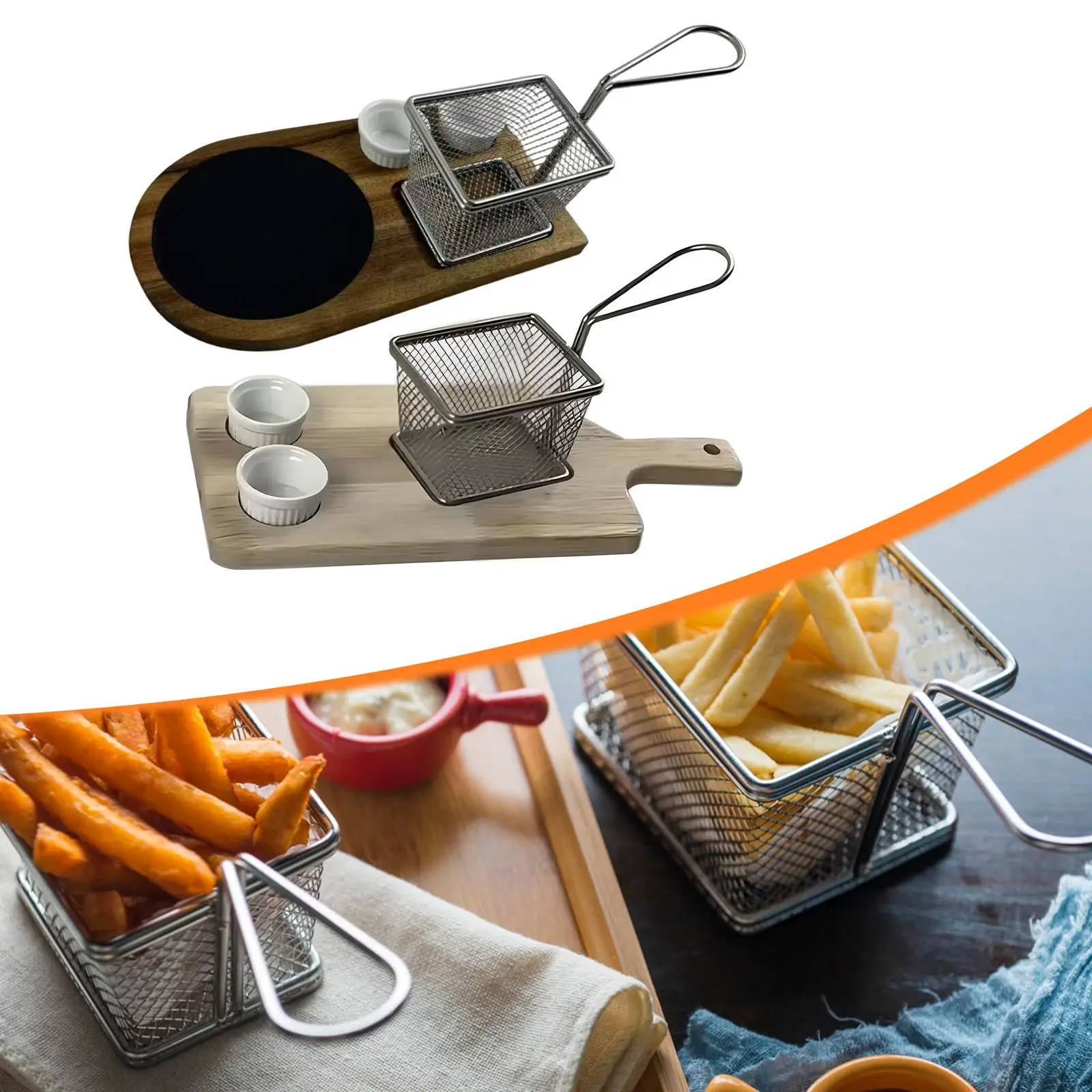 Chip Dip Serving Basket Party Supplies Fry Holder Condiment Cups Wood Serving Board Snack Basket for Table, Restaurant