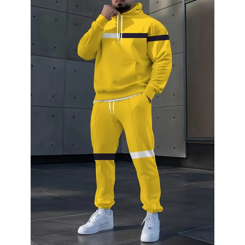 2026 New Solid Color Yellow 3D Digital Print Sports Suit Hooded Sweatshirt Pants Fashion Casual 2 Piece Set Striped Splicing