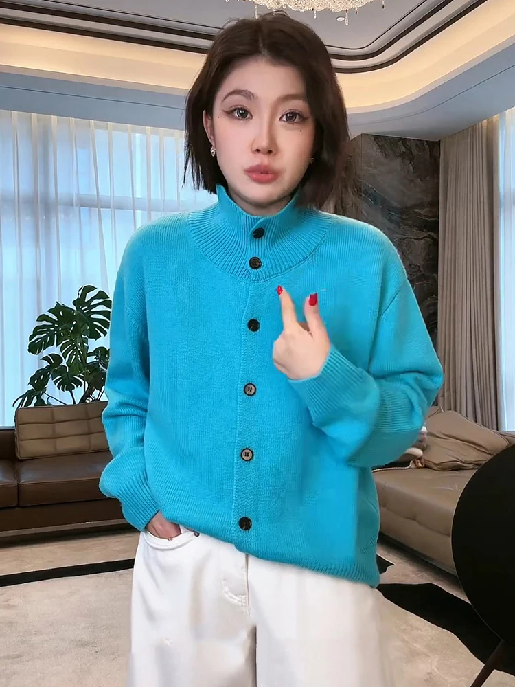 

Свободный вязаный кардиган-свитер Mehomeyang из кашемира синего цвета с длинными рукавами и воротником-стойкой для зимы