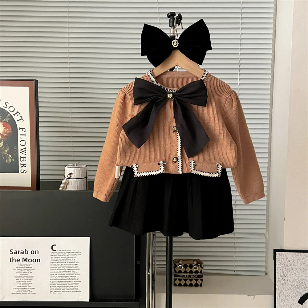Autumn and Winter Girls' Sweater Sets Campus Big Bow Knot Knitted Bubble Sleeve Cardigan Sweater+versatile Pleated Skirt 2pcs