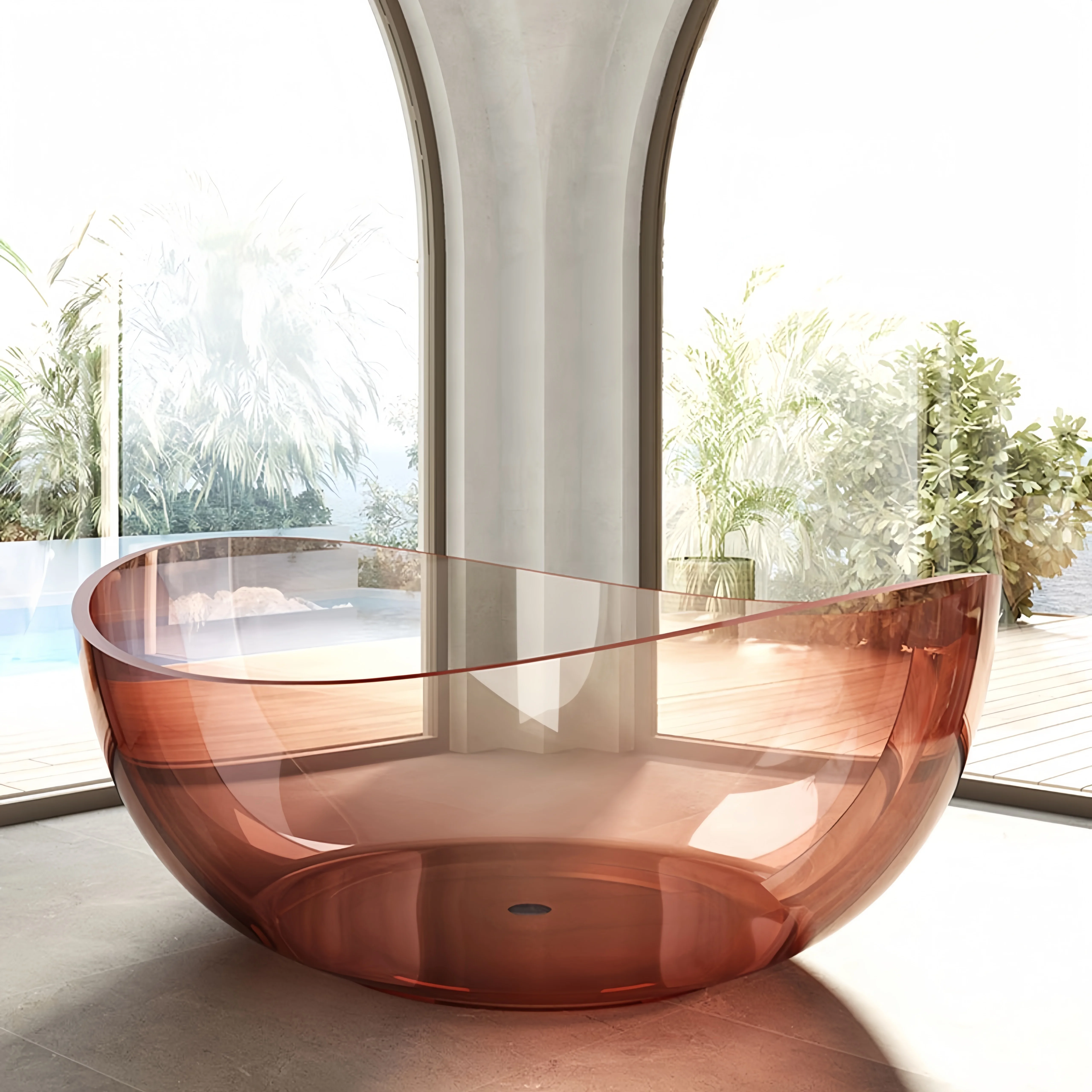%* Luxury Modern Style Transparent Red Resin Bathtub With Drainer Freestanding Portable Oval Soaking Tub For Indoor Bathroom
