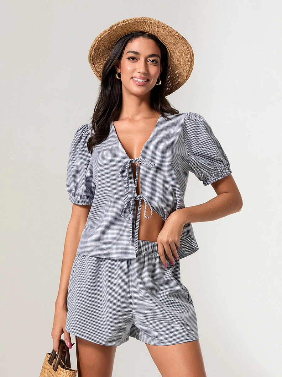 

New Fashion Womens Plaid Outfit Loose V Neck Puff Sleeve Front Tie-Up Tops Elastic Waist Shorts 2 Piece Summer Set S-XL