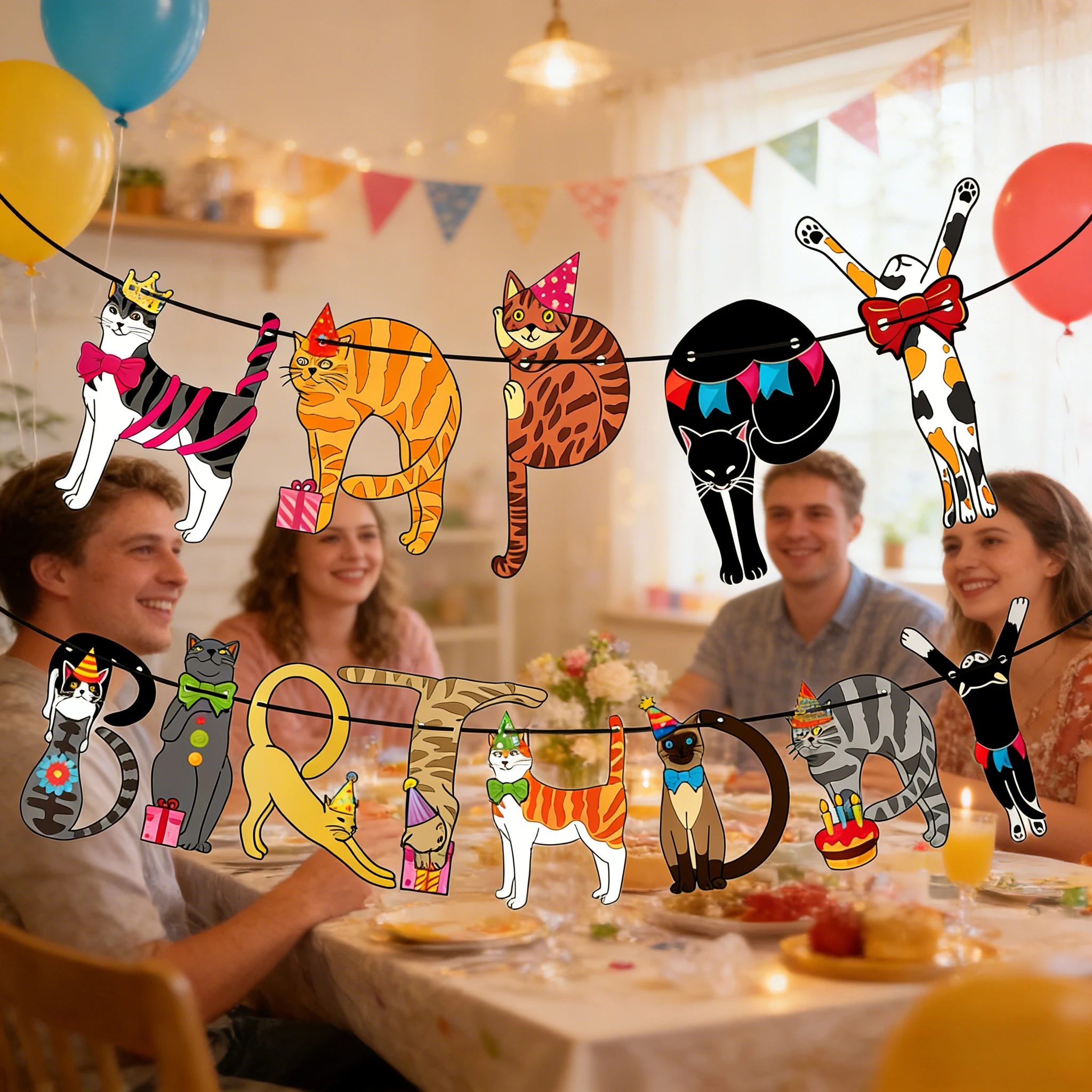 Geburtstagsparty-Banner, niedliche Katzendekorationen mit Happy Birthday-Aufdruck, einfach zu hängendes Banner für Mädchen und Jungen, Geburtstagsparty-Dekorationen. – Detail 6