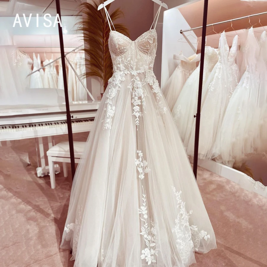 

Sexy A-line Spaghetti Straps V-neck Wedding Dress Vestidos De Novia Tulle Sleeveless Robe De Mariée Sweep Train Party Dresses