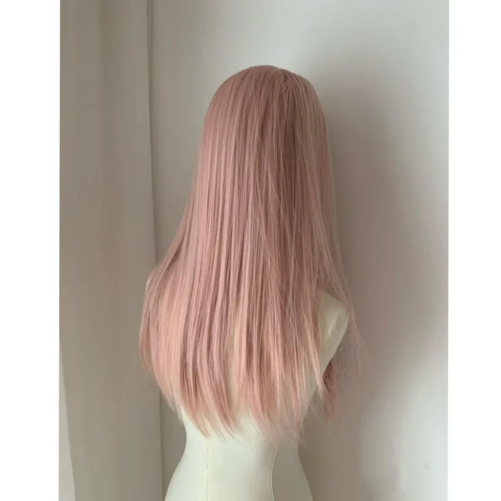 WeirdGoth Women Pink Gold Layered Long Straight Wig, Small Lace Protein Synthetic Fiber Full Head Girl Group Hair Wig Wholesale