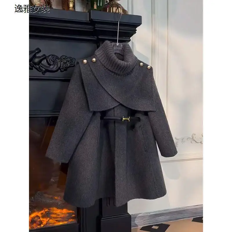 

Girl Coat Spring Autumn New Woolen Coat Cloak Removable Shawl Thickening Children's Clothing Mid-Length Long Sleeves
