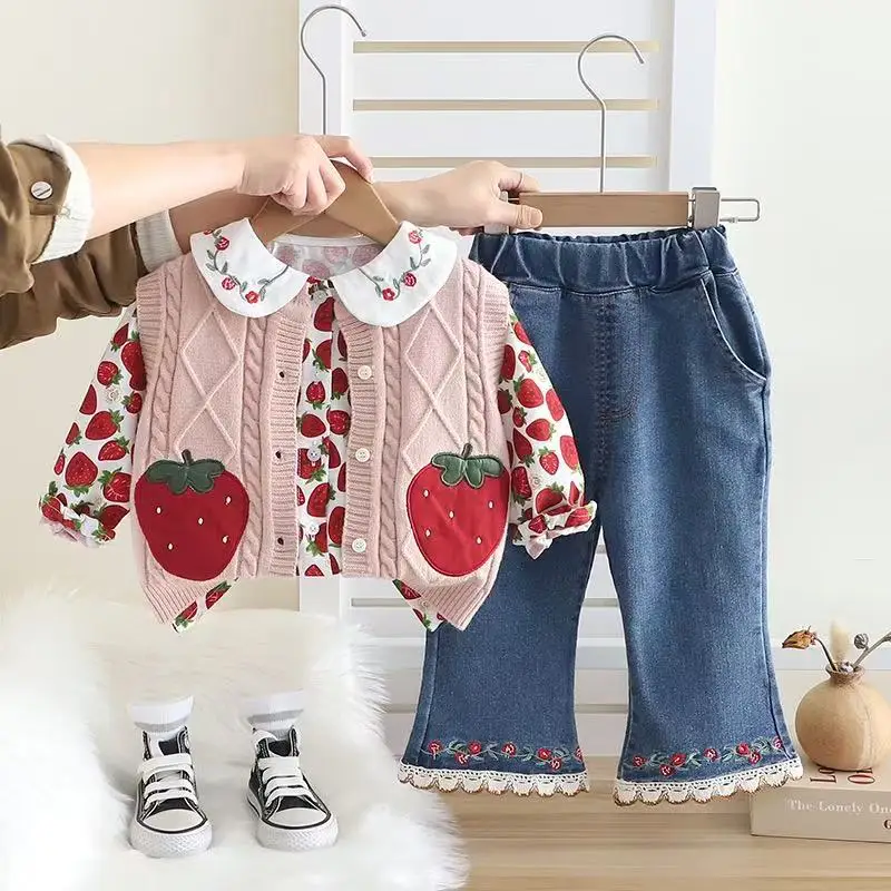 

Kids Girls Fashionable Suit Middle Young Children Fashion Wear Strawberry Cardigan Waistcoat Three-piece Set Spring and Autumn