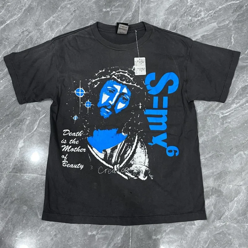 Vinatge Black SAINT Tshirts Blue Faced Jesus Graffiti Thorn Portrait Signature Letter Print Tops Summer Men Women Short Sleeve