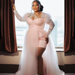 Pale Pink Plus Size Wedding Robes Long Sleeve Side Split Ruffles Lace Beading Africa Bridal Shower Dresses Morning Robe