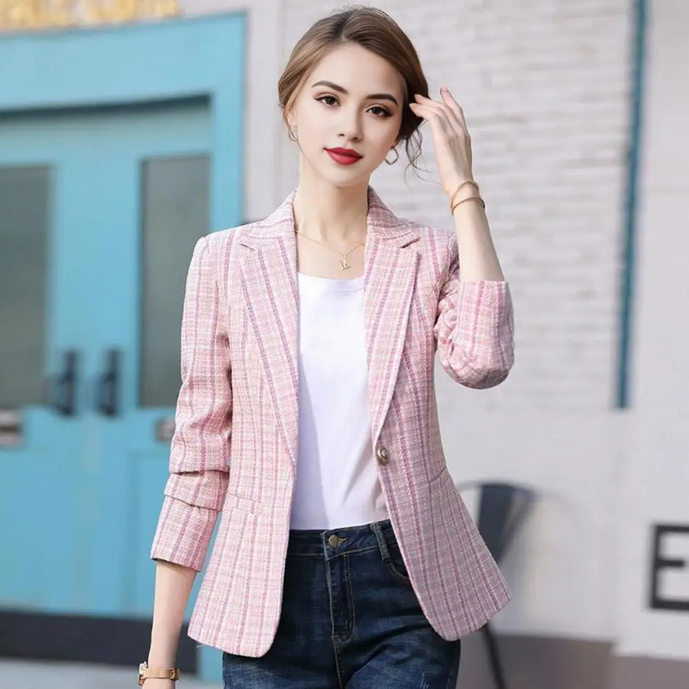 Women Plaid Print Suit Coat Suit Coat Spring Autumn Women’s Suit Coat Single Button Blazer Office Lady Lapel Jacket