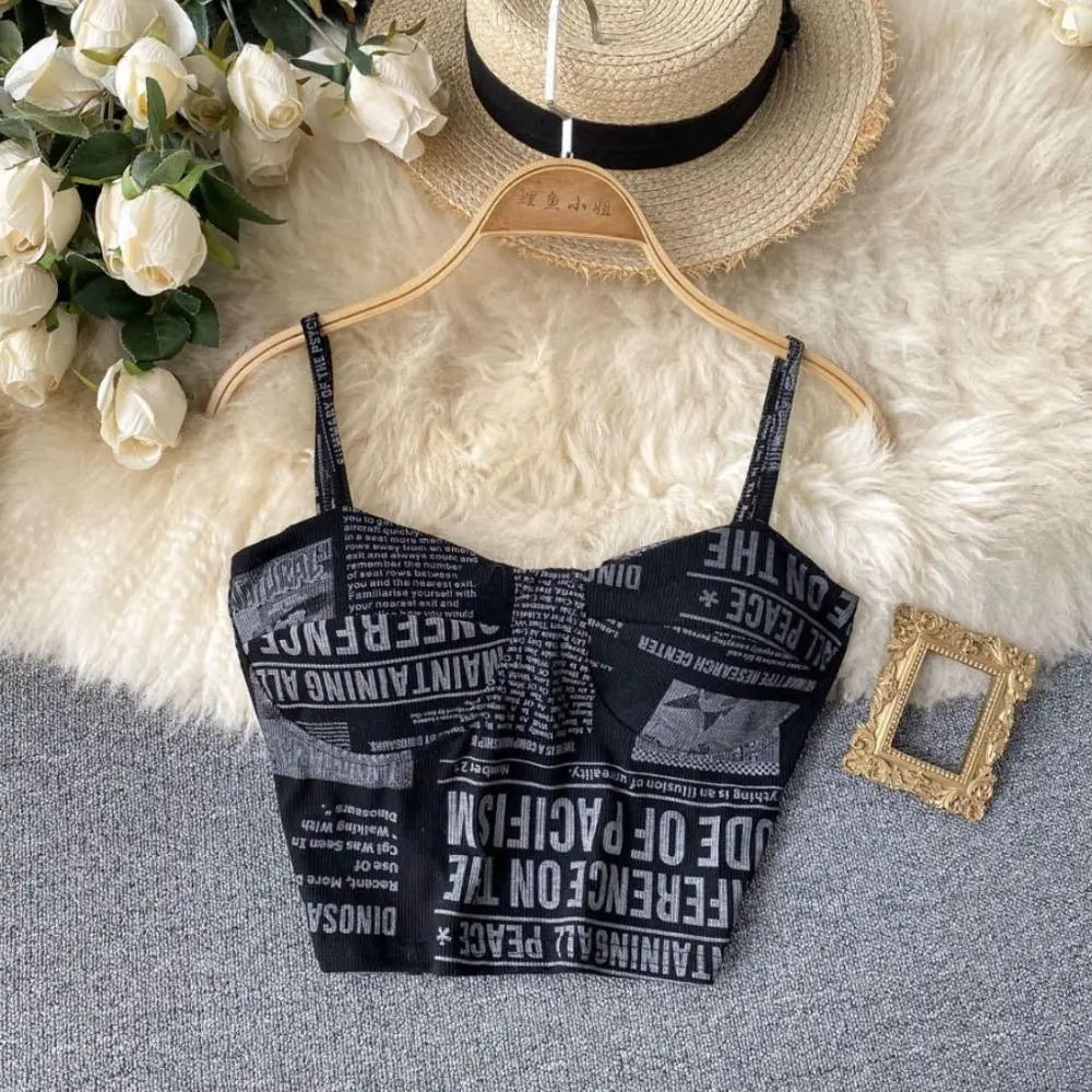 

Fashion Printed Newspaper Sleeveless Tops with Chest Pad Ice Ribbon Camisole Creative Vest Women