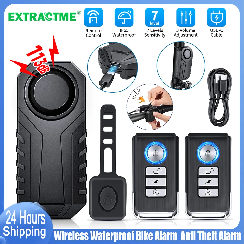 

Беспроводная велосипедная сигнализация Extractme с пультом ДУ, водонепроницаемая IP65, перезаряжаемая, 113 дБ, громкая, для велосипедов, электровелосипедов, скутеров, мотоциклов, противоугонная сигнализация
