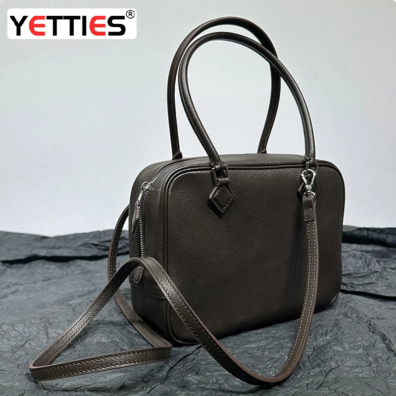 

High quality women's handbag, top layer cowhide bowling bag, fashionable retro small square bag, single shoulder crossbody bag