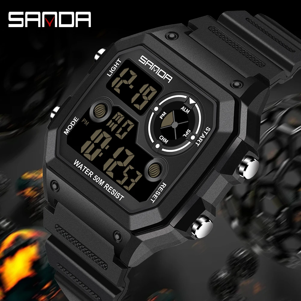 SANDA 6196 Fashion Men's Electronic Digital Watch Sports Multi Functional Waterproof Student Electronic Watch Timing Alarm Clock