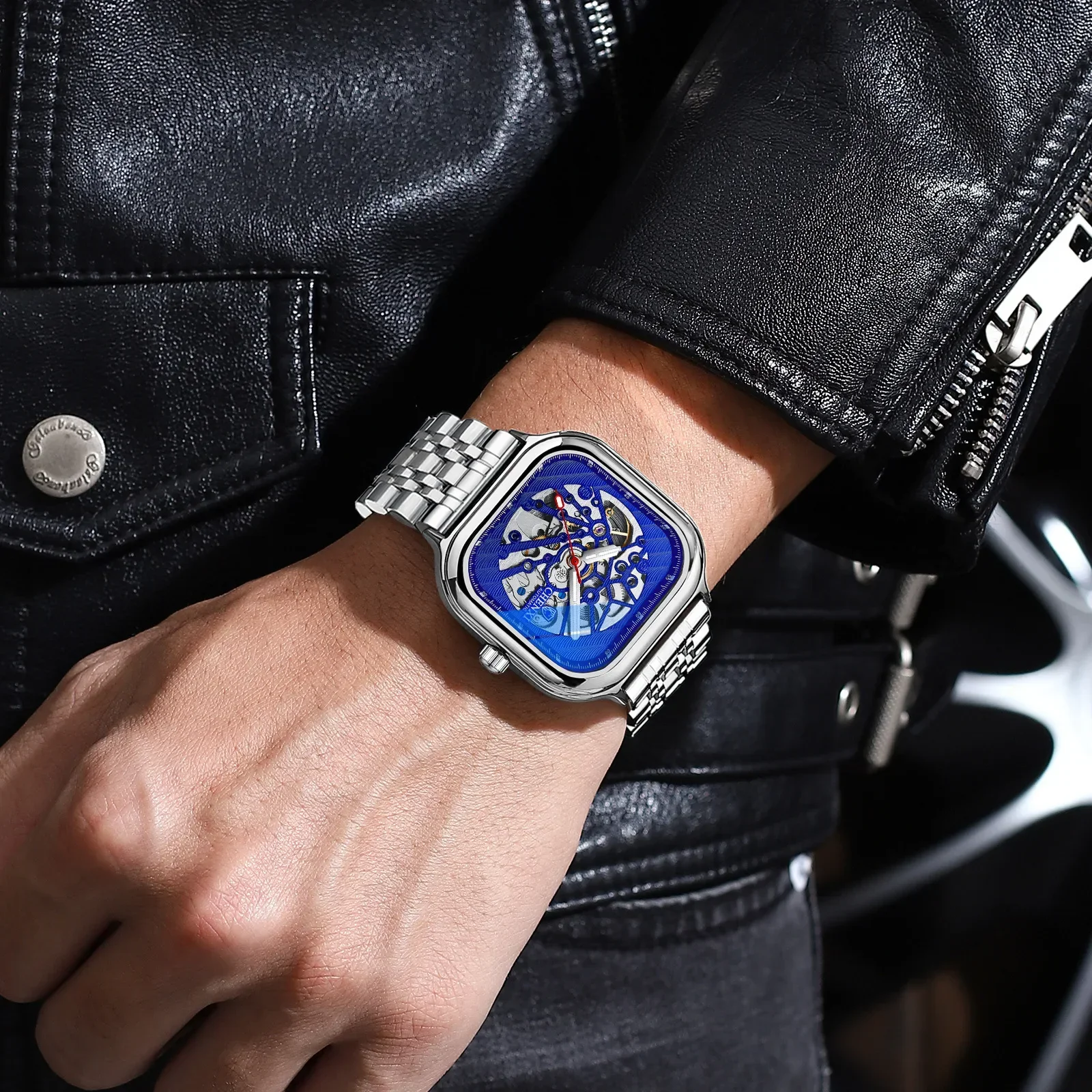 CHENGXI8810 ساعة ميكانيكية أوتوماتيكية مربعة للرجال مع مفرغة ومضيئة مقاومة للماء من الجلد ساعات عصرية للرجال #3