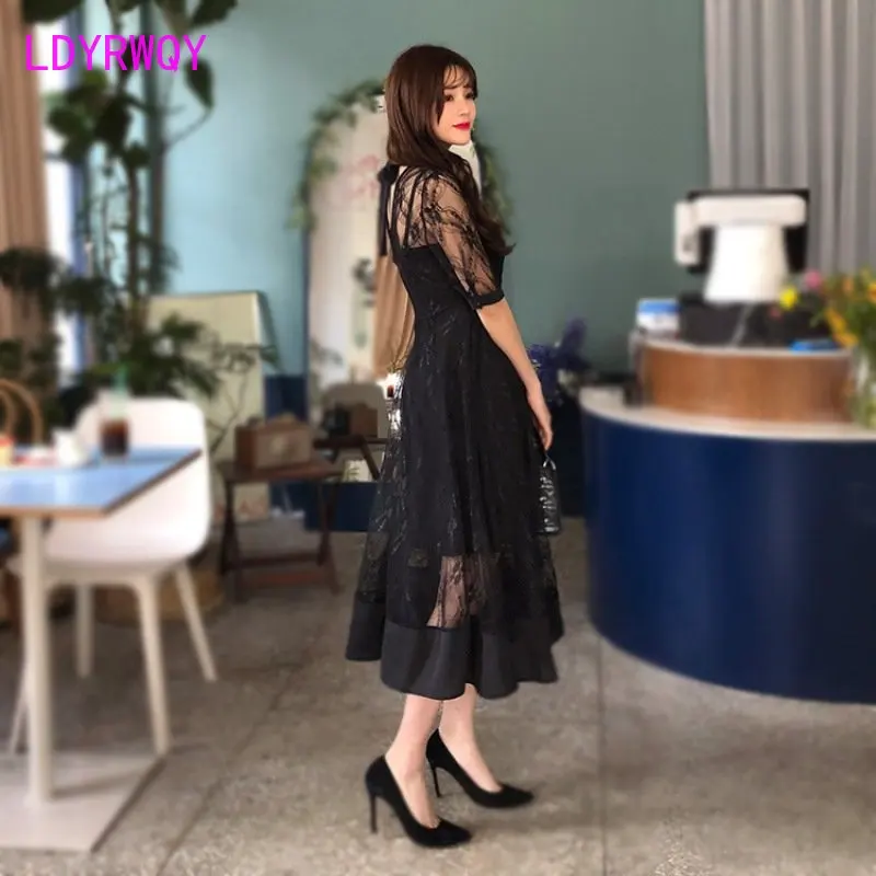 Temperament lace dress woman 2023 summer celebrity sheer mesh + suspender slim slim big skirt