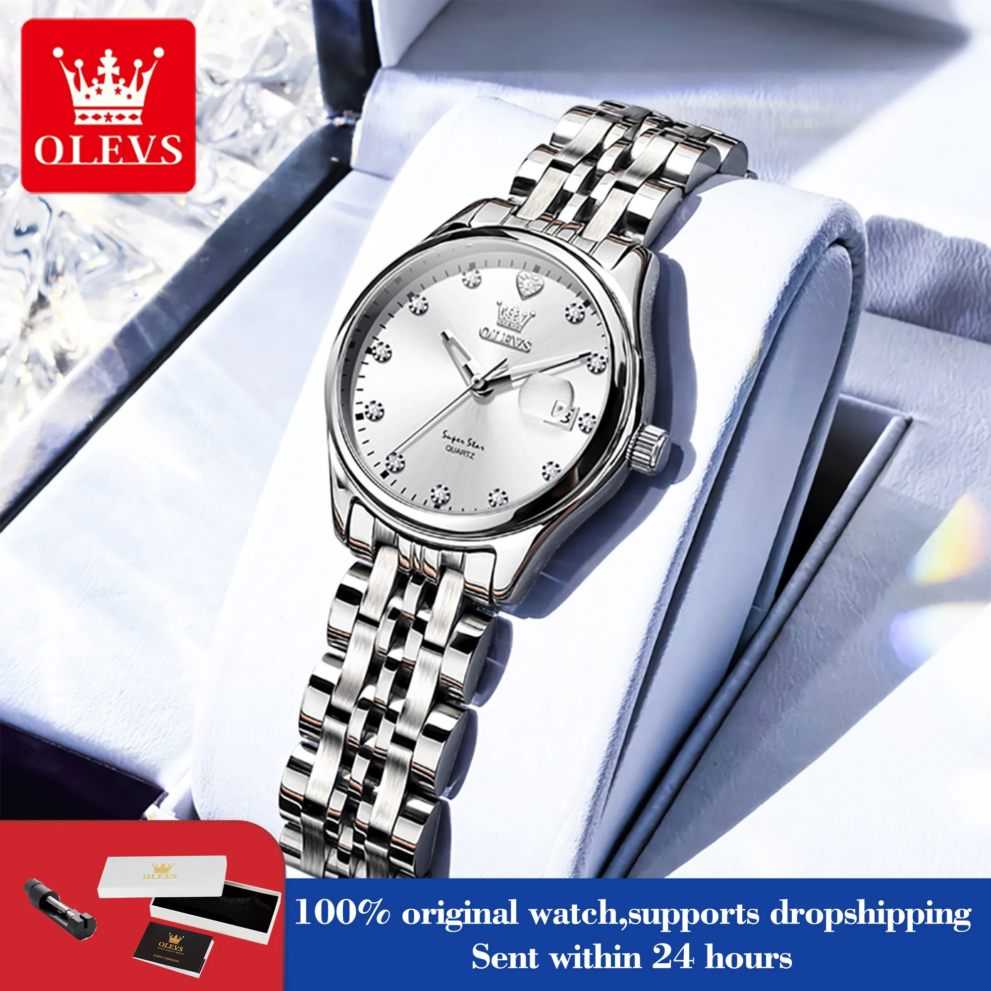 

OLEVS 5649 Женские часы 30 м Водонепроницаемые кварцевые часы с датой для женщин Стальной ремешок Цирконовая шкала Роскошные элегантные женские ручные часы