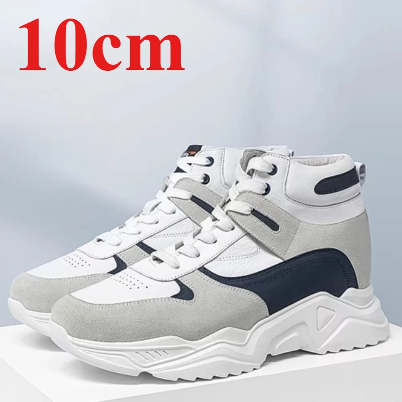 Korean Outdoor High-top Board Shoes Men's 8cm 10CM Breathable Mesh Leather Casual Sneakers Thick Soled Height-increasing Shoes